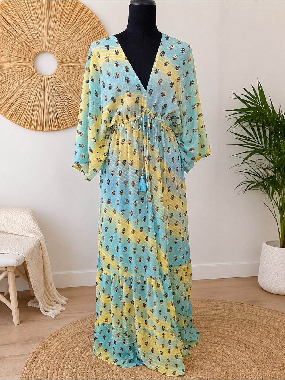 Aqua & Yellow V-Neck Maxi Dress with Drawstring Waist